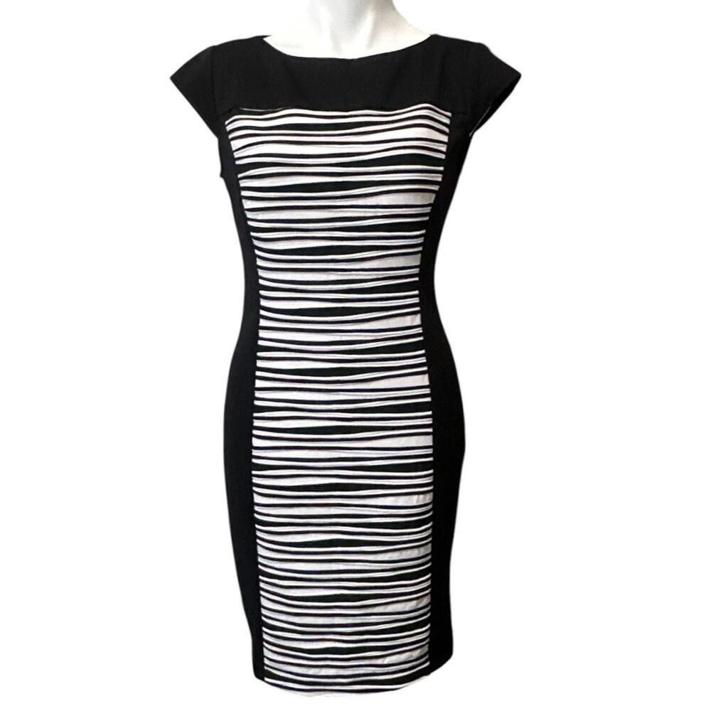 Gabby Skye Black White Striped Panel Sheath Dress Women's 6 Cap Sleeve Cocktail